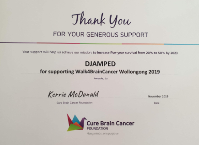 Cure Brain Cancer Foundation certificate thanking DJ AMPED for supporting Walk4BrainCancer Wollongong 2019