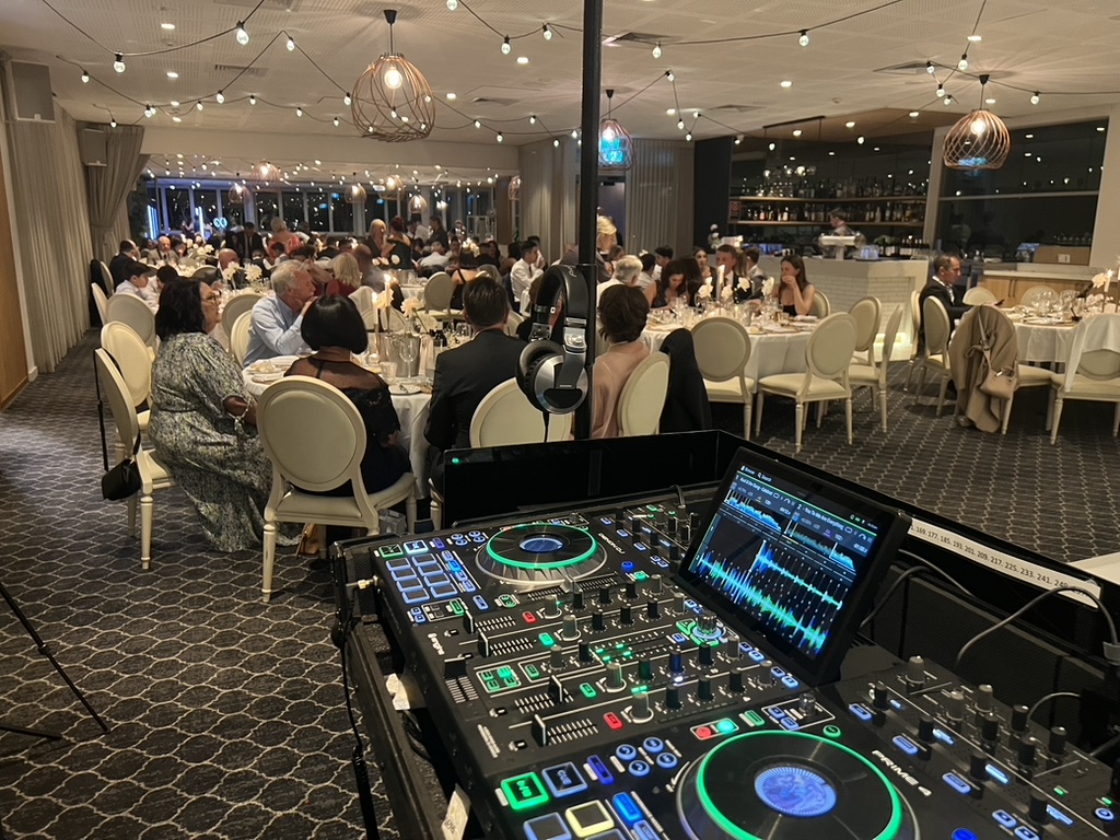 View across the reception room from the DJ equipment
